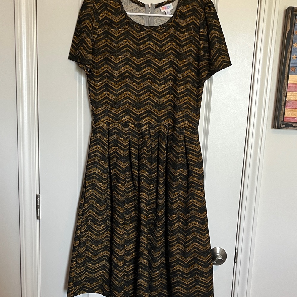 LulaRoe Amelia Chevron Patterned Black and Gold Dress